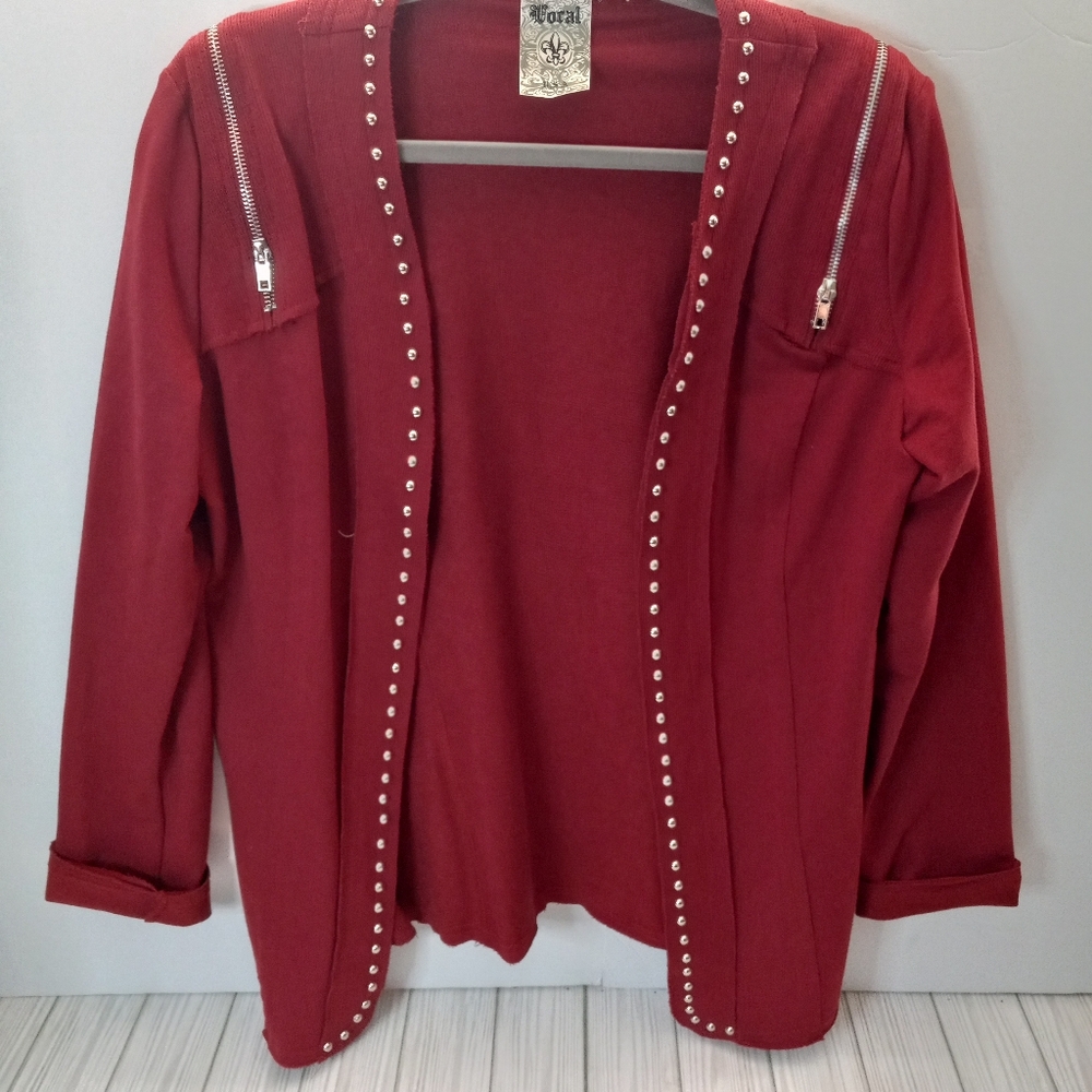 Vocal Apparel Studded Lightweight Knit Terry Jacket with Zipper Details